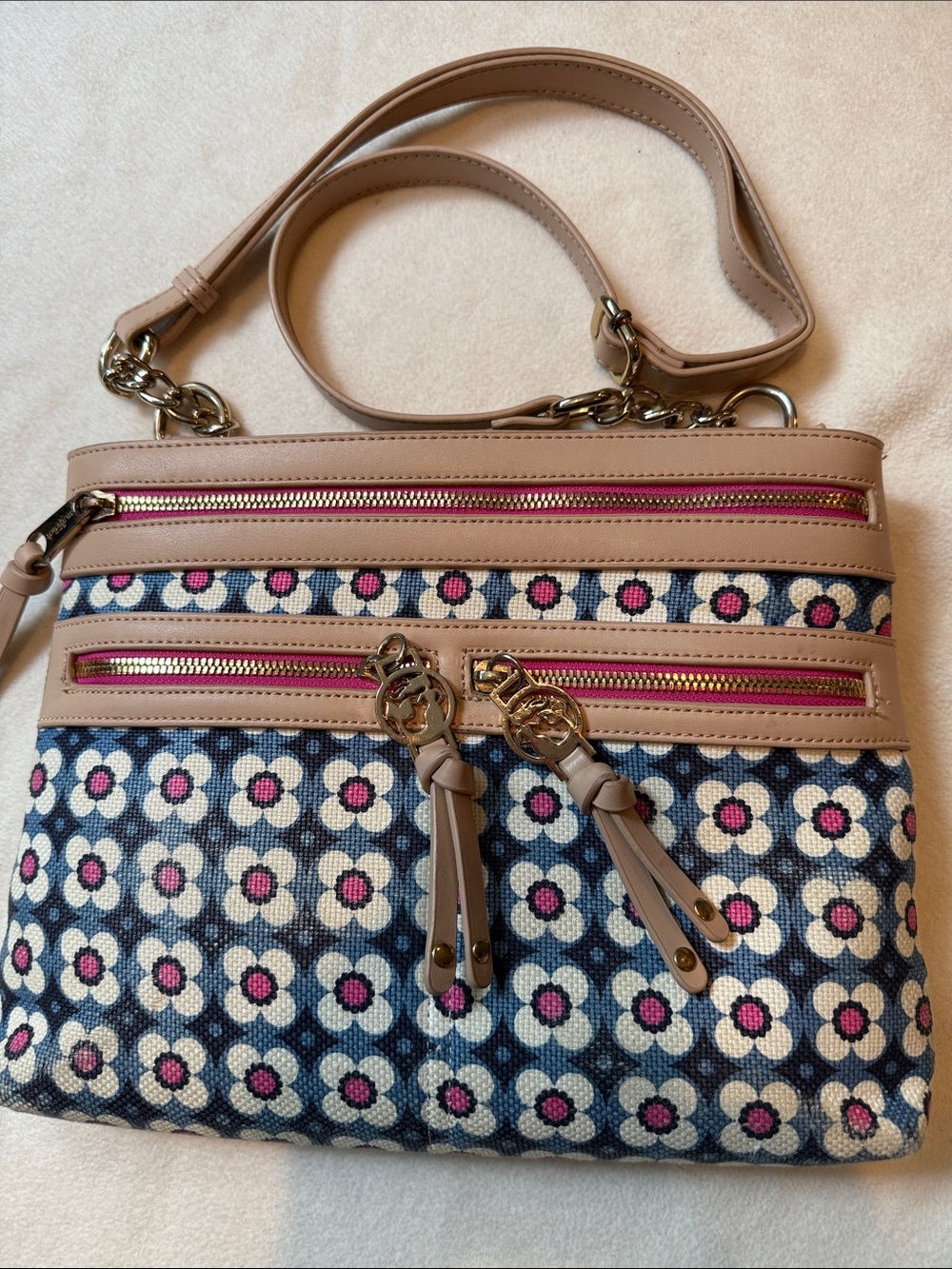 Spartina 449 Beige & Navy Floral Crossbody with Pink Accents